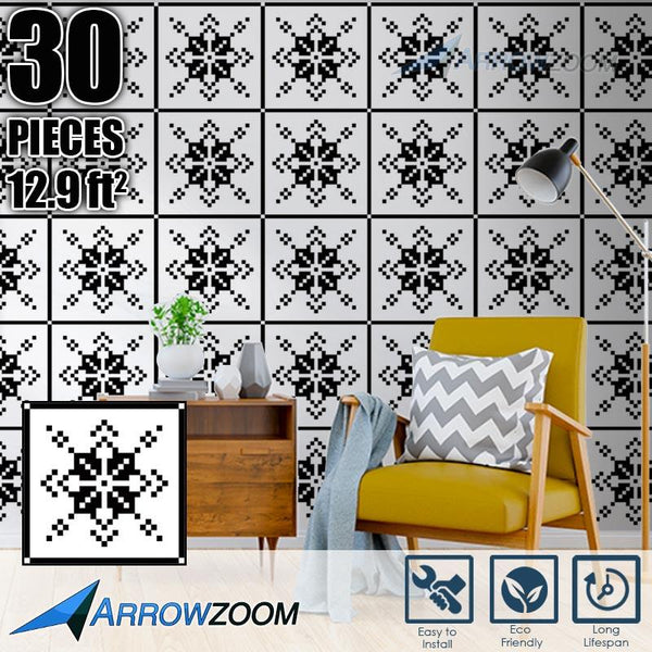 Arrowzoom Self-Adhesive Black & White Pattern Wall & Floor PVC Vinyl Tiles Decor KK1192