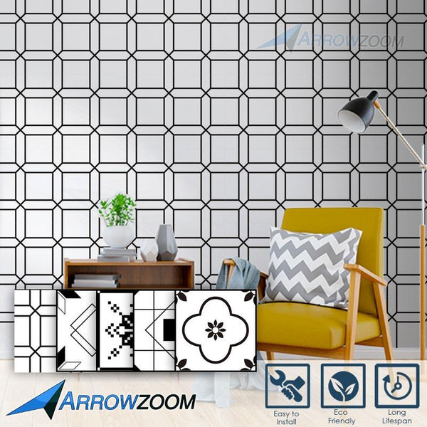 Arrowzoom Self-Adhesive Black & White Pattern Wall & Floor PVC Vinyl Tiles Decor KK1192