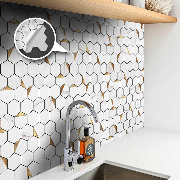Acepunch Hexagon Peel and Stick Grey Marble Stone Aluminum Tile Backsplash AP1348