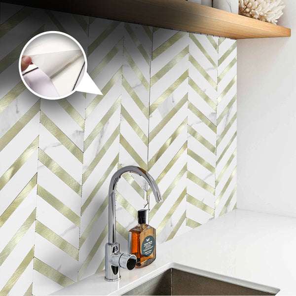 Acepunch Herringbone Peel N' Stick White Marble and Gold Aluminum Tile Backsplash AP1349